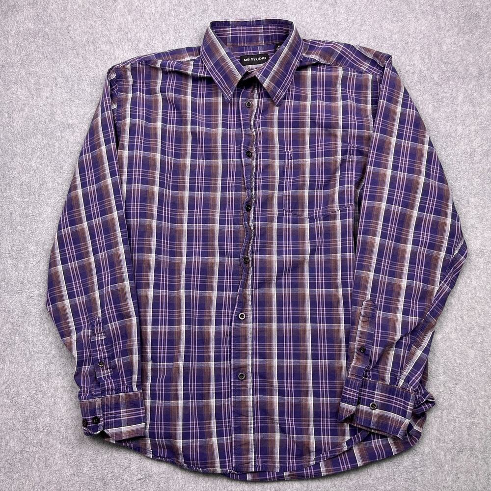 mb studio button up shirt purple plaid cotton long sleeve mens xl